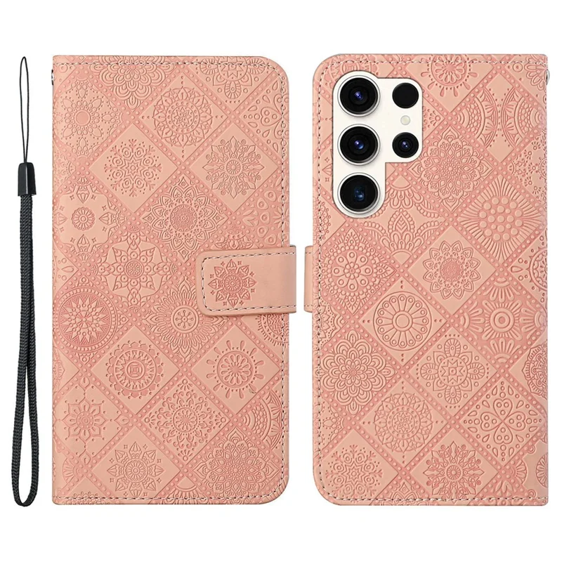 For Samsung Galaxy S24 Ultra Case Wallet Imprinted Flower Phone Cover - Pink