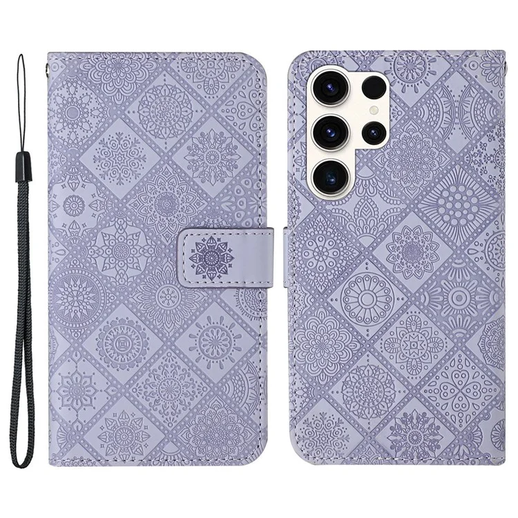 For Samsung Galaxy S24 Ultra Case Wallet Imprinted Flower Phone Cover - Purple