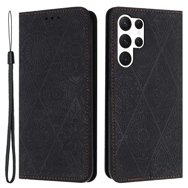 Étui pour Samsung Galaxy S24 Ultra Motif floral imprimé Housse de téléphone portefeuille - Noir