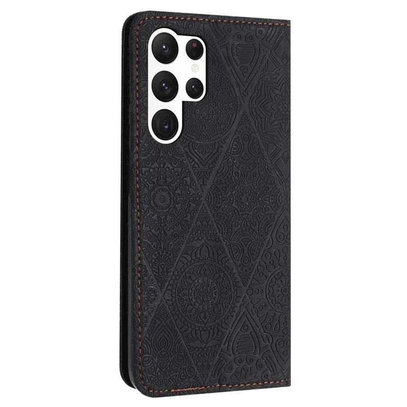 Étui pour Samsung Galaxy S24 Ultra Motif floral imprimé Housse de téléphone portefeuille - Noir