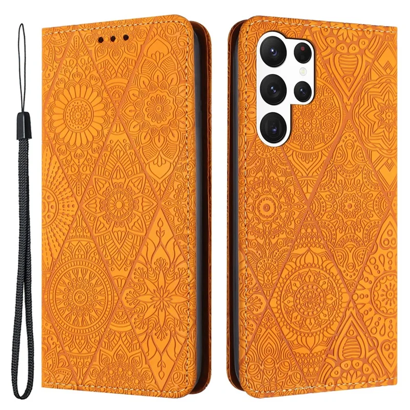 For Samsung Galaxy S24 Ultra Case Imprinted Flower Wallet Phone Cover - Yellow