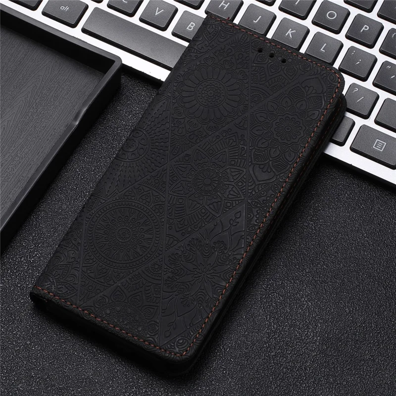 For Samsung Galaxy S25+ / S24+ Case Imprinted Flower Leather Cover with Wallet Stand - Black