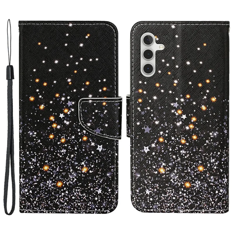 For Samsung Galaxy S25+ / S24+ Case PU Leather Cross Texture Pattern Printing Phone Cover with Wrist Strap - Shattered Stars