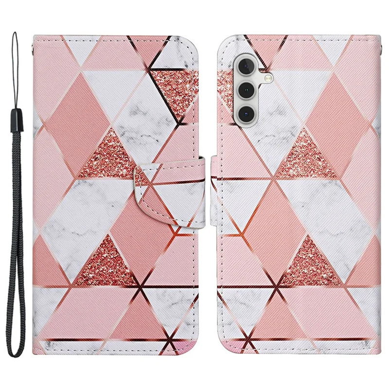 For Samsung Galaxy S25+ / S24+ Case PU Leather Cross Texture Pattern Printing Phone Cover with Wrist Strap - Marble Pattern