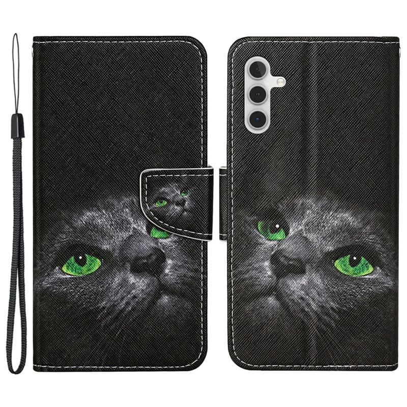 For Samsung Galaxy S25+ / S24+ Case PU Leather Cross Texture Pattern Printing Phone Cover with Wrist Strap - Cat