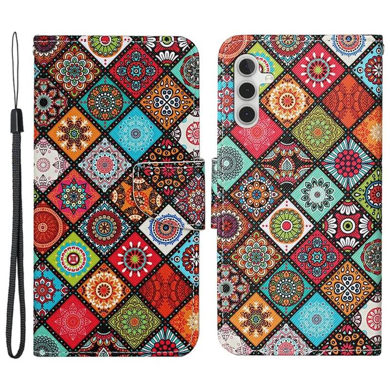 For Samsung Galaxy S25+ / S24+ Case PU Leather Cross Texture Pattern Printing Phone Cover with Wrist Strap - Ethnic Style
