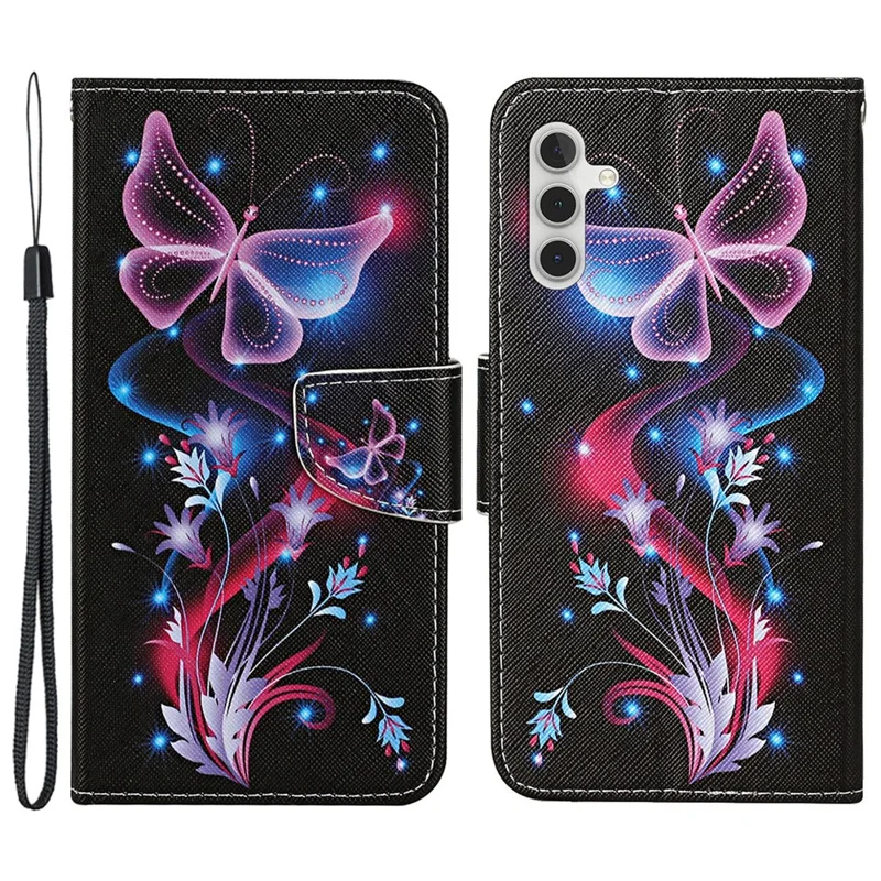 For Samsung Galaxy S25 / S24 Case PU Leather Pattern Printing Wallet Stand Phone Cover - Fluorescent Butterflies