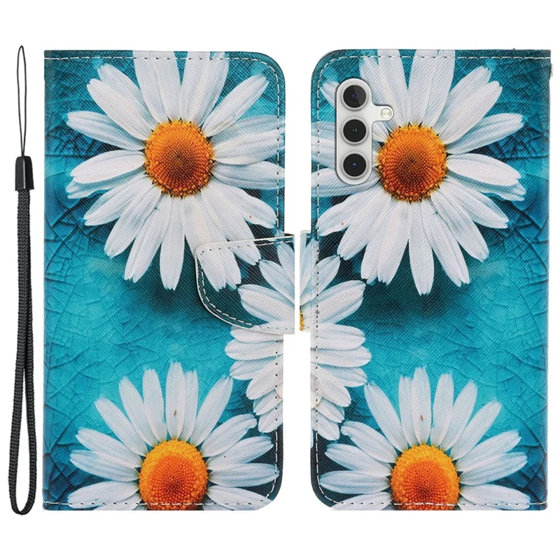For Samsung Galaxy A15 5G Case PU Leather Pattern Printing Wallet Phone Cover with Strap - Chrysanthemum