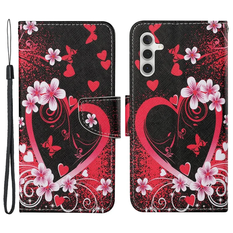 For Samsung Galaxy A15 5G Case PU Leather Pattern Printing Wallet Phone Cover with Strap - Red Heart