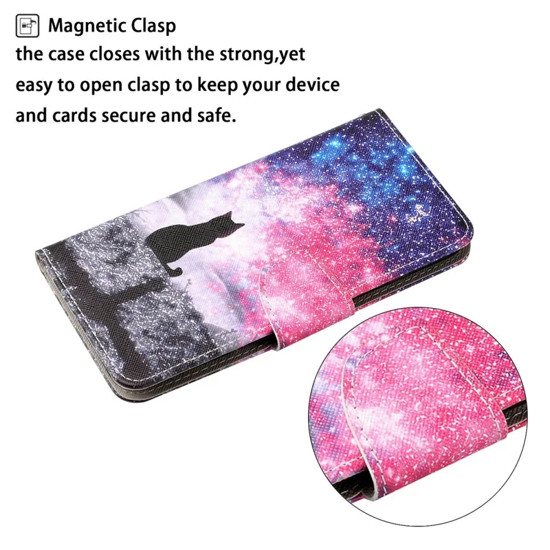 For Samsung Galaxy A15 5G Case PU Leather Pattern Printing Wallet Phone Cover with Strap - Starry Sky  /  Cat