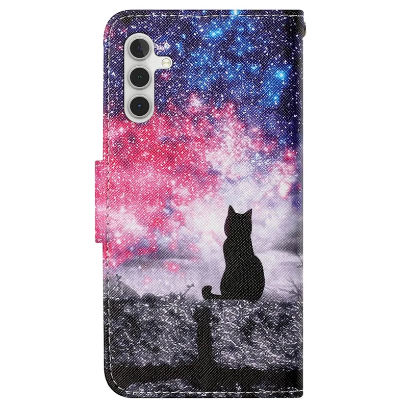 For Samsung Galaxy A15 5G Case PU Leather Pattern Printing Wallet Phone Cover with Strap - Starry Sky  /  Cat