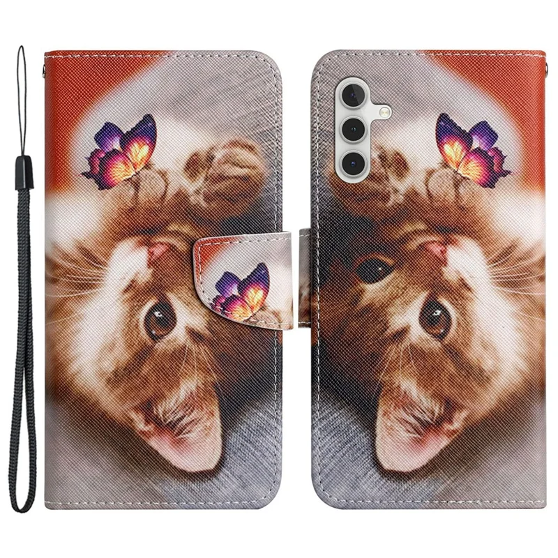 For Samsung Galaxy A15 5G Case PU Leather Pattern Printing Wallet Phone Cover with Strap - Butterfly  /  Cat