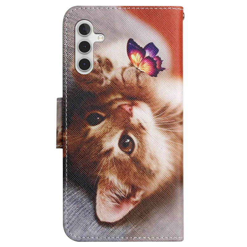 For Samsung Galaxy A15 5G Case PU Leather Pattern Printing Wallet Phone Cover with Strap - Butterfly  /  Cat