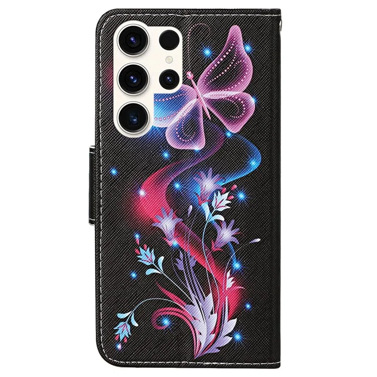 Para Samsung Galaxy S24 Ultra Funda de Piel PU Cross Texture con Soporte para Teléfono y Correa para la Muñeca - Mariposas Fluorescentes