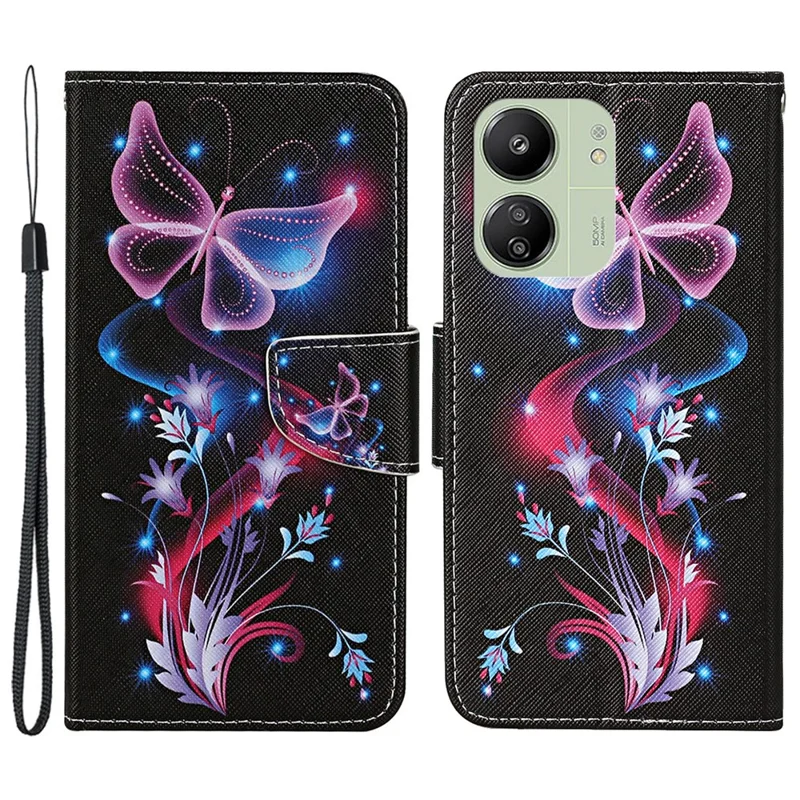 For Xiaomi Redmi 13C 4G / 5G / 13R 5G / Poco M6 5G / Poco C65 4G Leather Case Pattern Printing Phone Wallet Cover - Fluorescent Butterflies