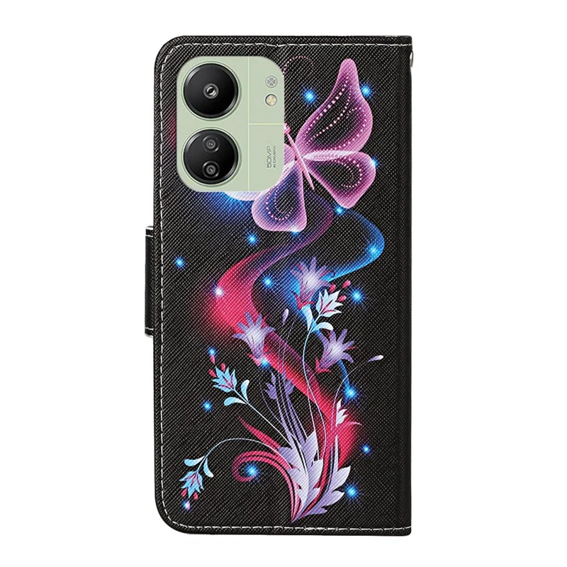 For Xiaomi Redmi 13C 4G / 5G / 13R 5G / Poco M6 5G / Poco C65 4G Leather Case Pattern Printing Phone Wallet Cover - Fluorescent Butterflies