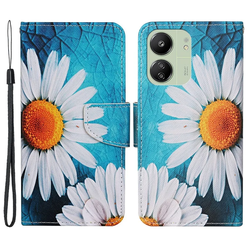 For Xiaomi Redmi 13C 4G / 5G / 13R 5G / Poco M6 5G / Poco C65 4G Leather Case Pattern Printing Phone Wallet Cover - Large Chrysanthemum