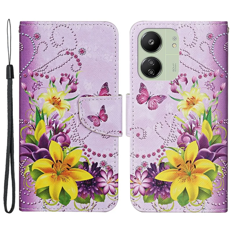 Para Xiaomi Redmi 13C 4G / 5G / 13R 5G / Poco M6 5G / Poco C65 4G Capa de Couro Padrão Impressão Carteira Telefone - Flores Amarelas / Borboletas