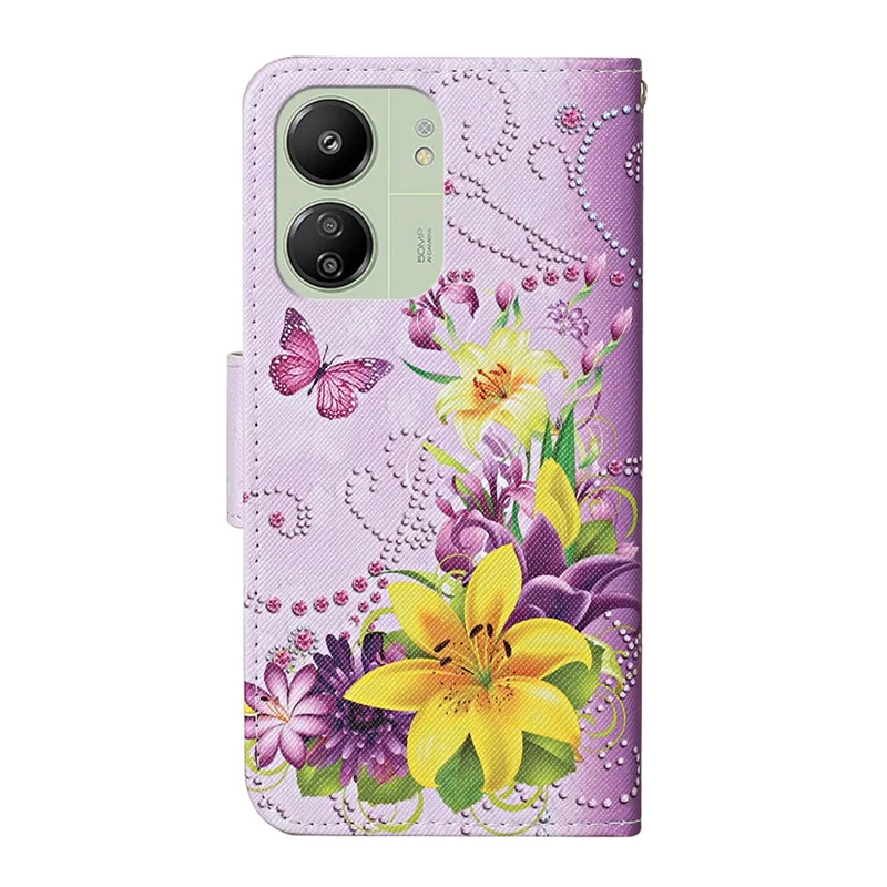Para Xiaomi Redmi 13C 4G / 5G / 13R 5G / Poco M6 5G / Poco C65 4G Capa de Couro Padrão Impressão Carteira Telefone - Flores Amarelas / Borboletas