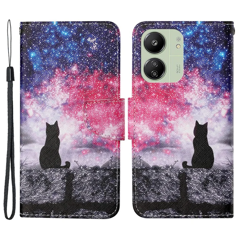 For Xiaomi Redmi 13C 4G / 5G / 13R 5G / Poco M6 5G / Poco C65 4G Leather Case Pattern Printing Phone Wallet Cover - Starry Sky / Cat