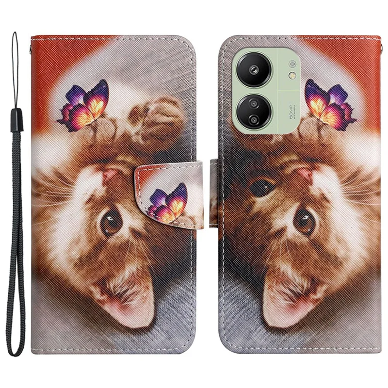 For Xiaomi Redmi 13C 4G / 5G / 13R 5G / Poco M6 5G / Poco C65 4G Leather Case Pattern Printing Phone Wallet Cover - Butterfly / Cat