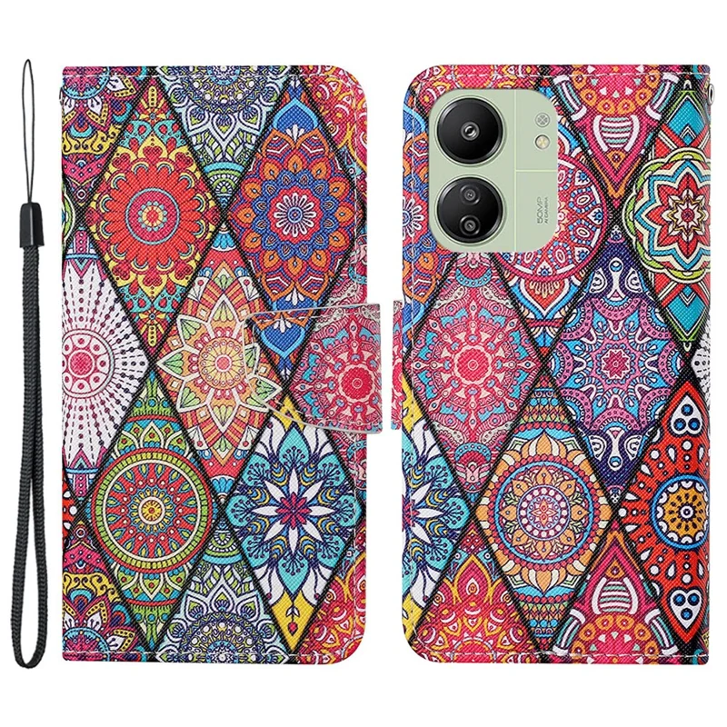 For Xiaomi Redmi 13C 4G / 5G / 13R 5G / Poco M6 5G / Poco C65 4G Leather Case Pattern Printing Phone Wallet Cover - Rhombus / Totem