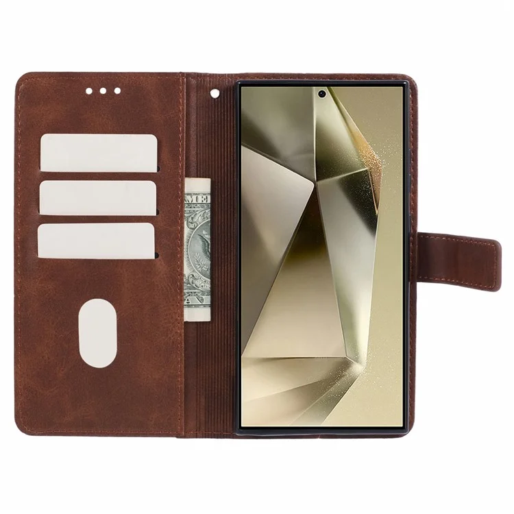 Para Samsung Galaxy S24 Ultra Case Solid Color PU Leather Stand Wallet Phone Cover with Wrist Strap - Marrom