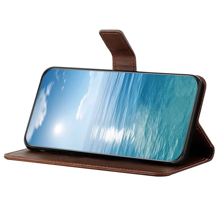 Para Samsung Galaxy S24 Ultra Case Solid Color PU Leather Stand Wallet Phone Cover with Wrist Strap - Marrom