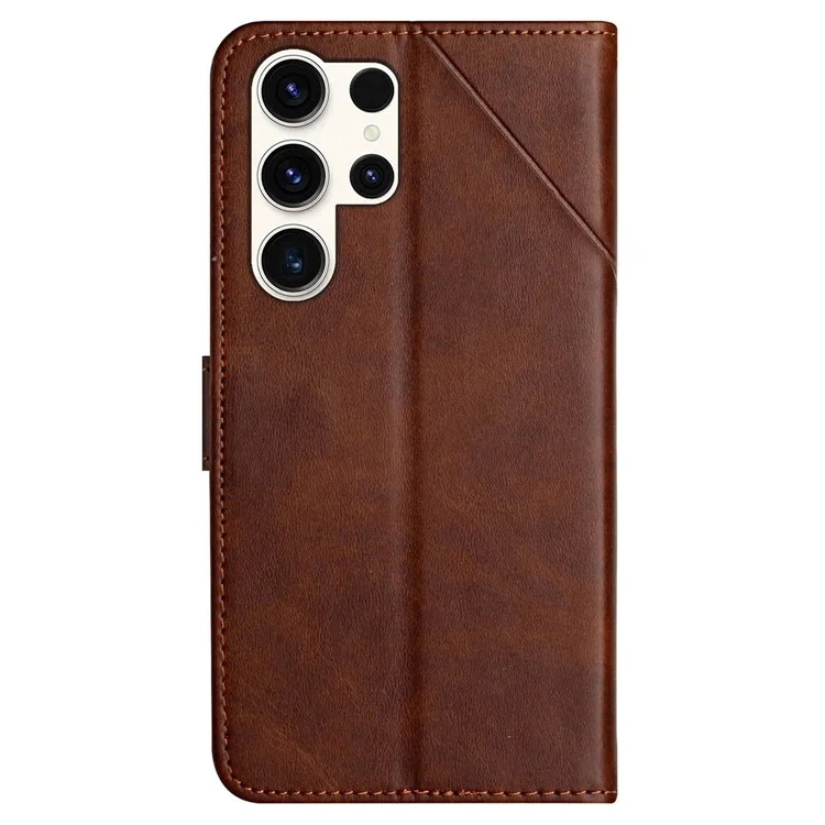 Para Samsung Galaxy S24 Ultra Case Solid Color PU Leather Stand Wallet Phone Cover with Wrist Strap - Marrom