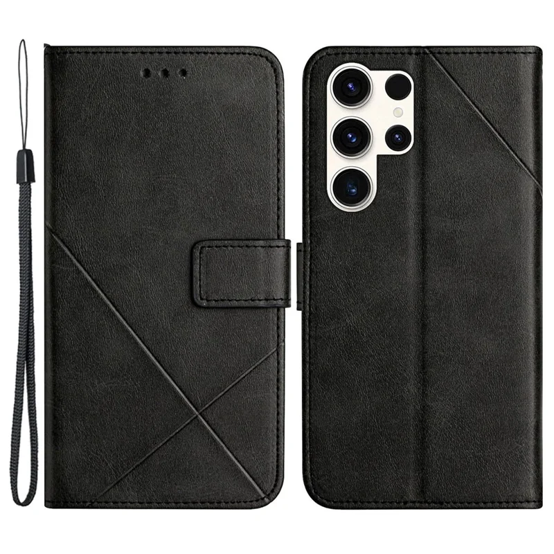 For Samsung Galaxy S24 Ultra Case Solid Color PU Leather Stand Wallet Phone Cover with Wrist Strap - Black