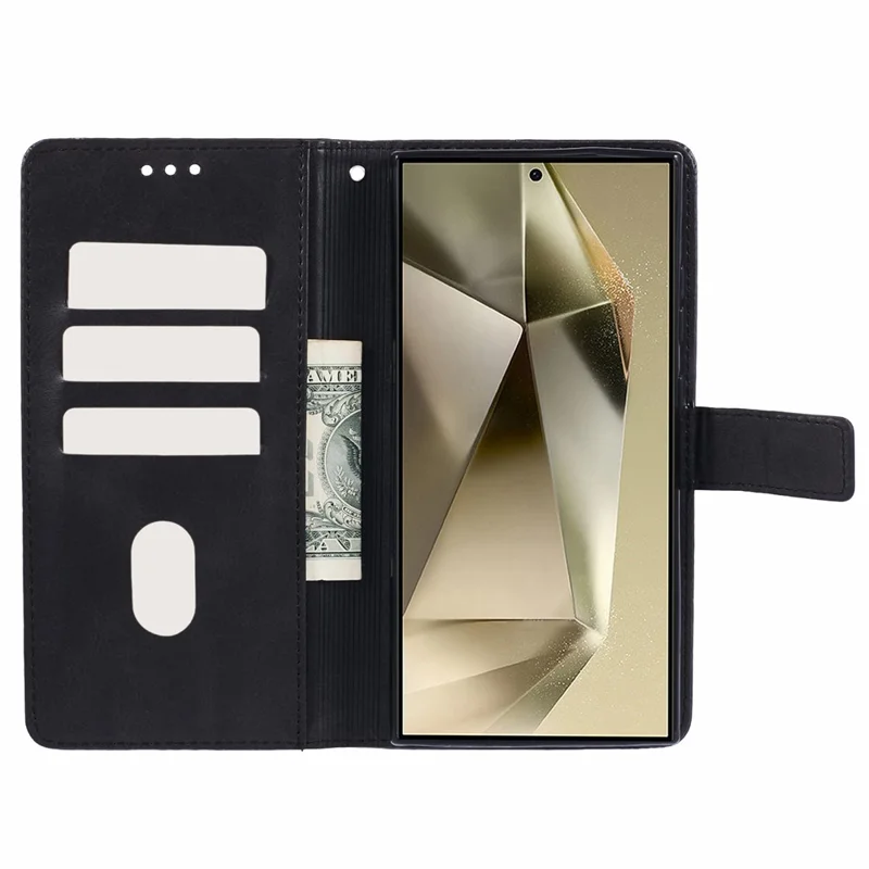 For Samsung Galaxy S24 Ultra Case Solid Color PU Leather Stand Wallet Phone Cover with Wrist Strap - Black