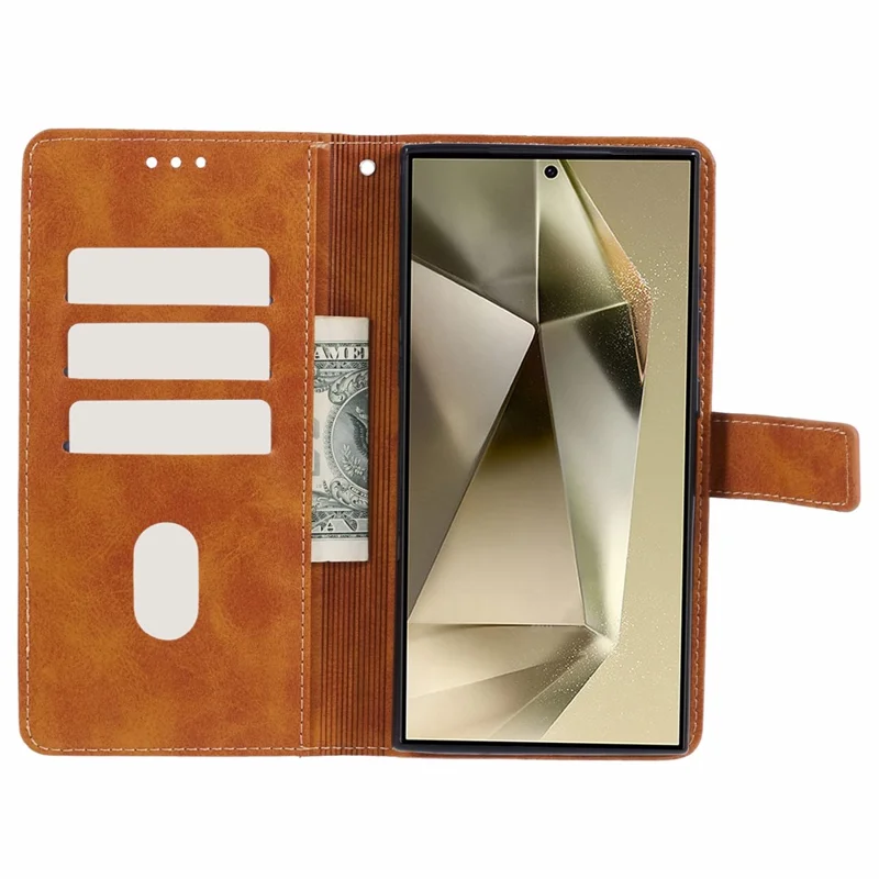 For Samsung Galaxy S24 Ultra Case Solid Color PU Leather Stand Wallet Phone Cover with Wrist Strap - Yellow