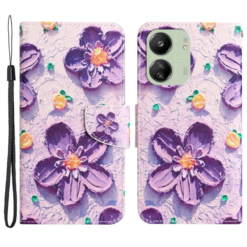 Pour Xiaomi Redmi 13C 4G / 5G / 13R 5G / Poco M6 5G / Poco C65 4G Étui Impression Motif Portefeuille Support Housse en Cuir - Fleur Violette