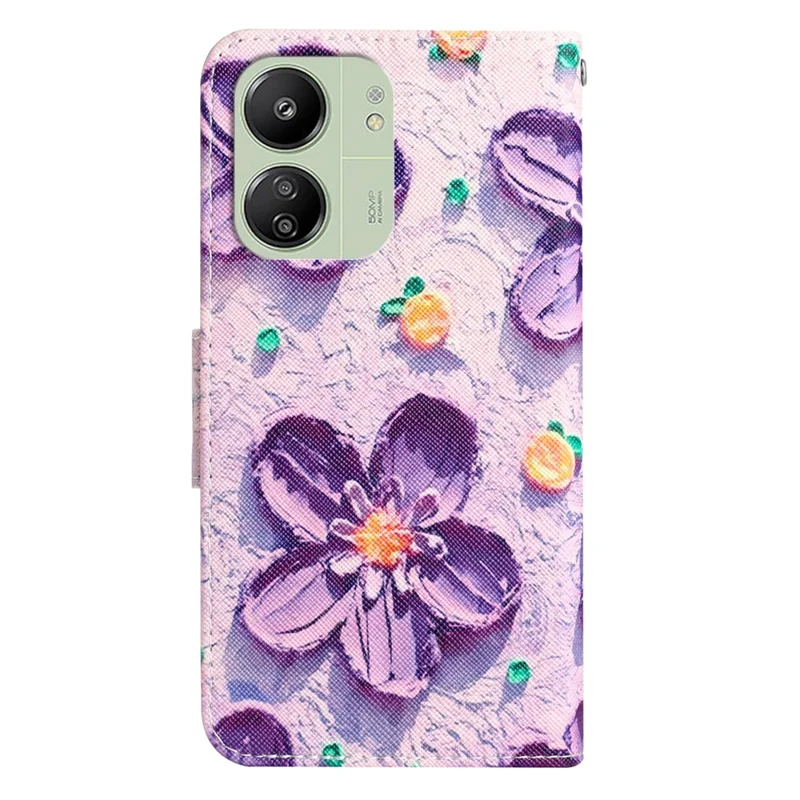 Pour Xiaomi Redmi 13C 4G / 5G / 13R 5G / Poco M6 5G / Poco C65 4G Étui Impression Motif Portefeuille Support Housse en Cuir - Fleur Violette