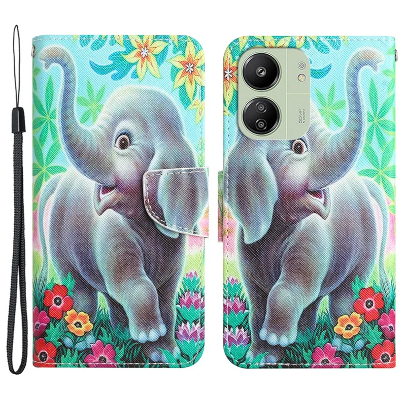 For Xiaomi Redmi 13C 4G / 5G / 13R 5G / Poco M6 5G / Poco C65 4G Case Pattern Printing Wallet Stand Leather Cover - Elephant