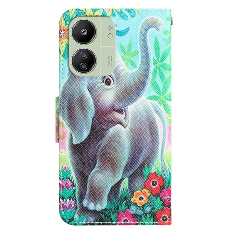 For Xiaomi Redmi 13C 4G / 5G / 13R 5G / Poco M6 5G / Poco C65 4G Case Pattern Printing Wallet Stand Leather Cover - Elephant