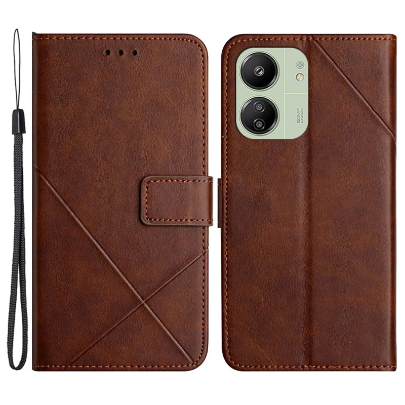 For Xiaomi Redmi 13C 4G / 5G / Poco C65 4G Case Lines Imprinted Leather Wallet Cover - Brown