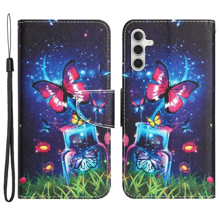 For Samsung Galaxy A15 5G Case Leather Wallet Cover with Pattern Printing - Bottle and Butterfly