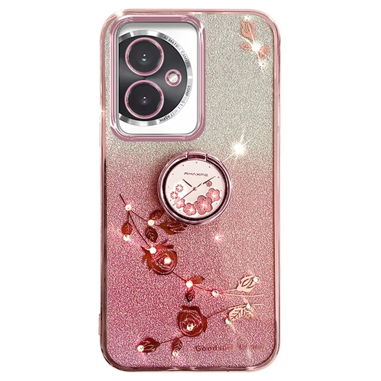 KADEM For Honor 100 5G Funda de teléfono celular con decoración de pedrería con flores de TPU con soporte - Oro rosa