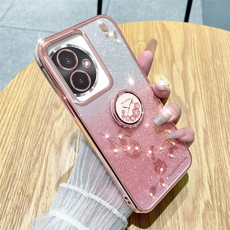 KADEM For Honor 100 5G Funda de teléfono celular con decoración de pedrería con flores de TPU con soporte - Oro rosa
