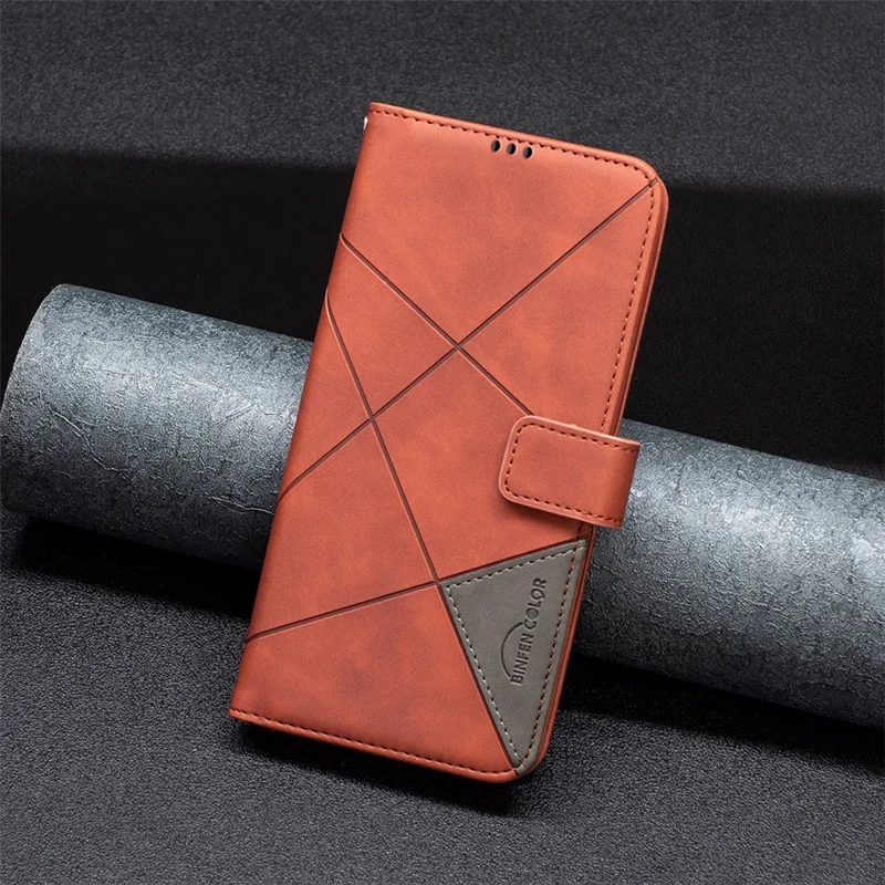BINFEN COLOR For TECNO Spark 20C Phone Cases Wallet Stand Geometry Imprint Leather Cover - Brown