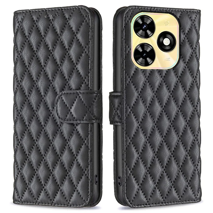 BINFEN COLOR BF Style-14 For TECNO Spark 20C Case PU Leather Rhombus Grid Wallet Cover - Black