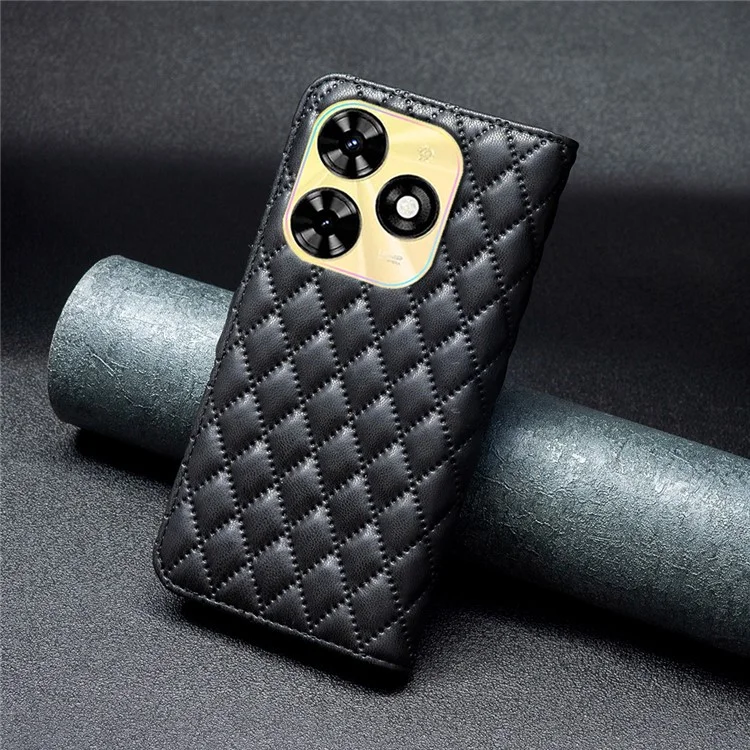 BINFEN COLOR BF Style-14 For TECNO Spark 20C Case PU Leather Rhombus Grid Wallet Cover - Black