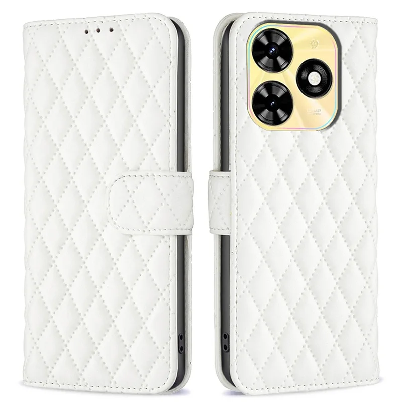 BINFEN COLOR BF Style-14 For TECNO Spark 20C Case PU Leather Rhombus Grid Wallet Cover - White