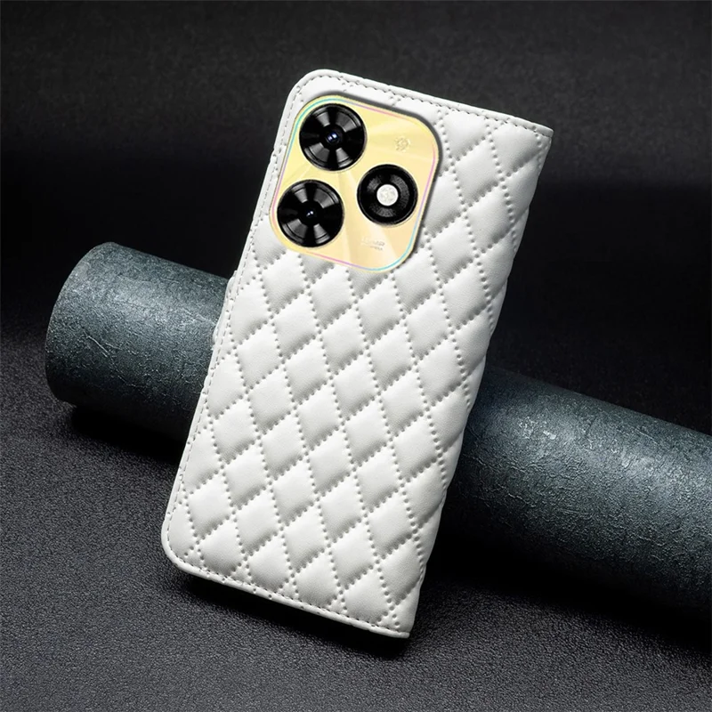 BINFEN COLOR BF Style-14 For TECNO Spark 20C Case PU Leather Rhombus Grid Wallet Cover - White