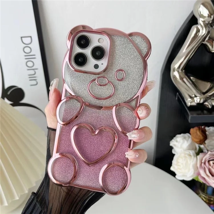 Para iPhone 15 Pro Capa de Telefone TPU Eletroplatada 3D Bear Capa Brilhante - Rose Gold