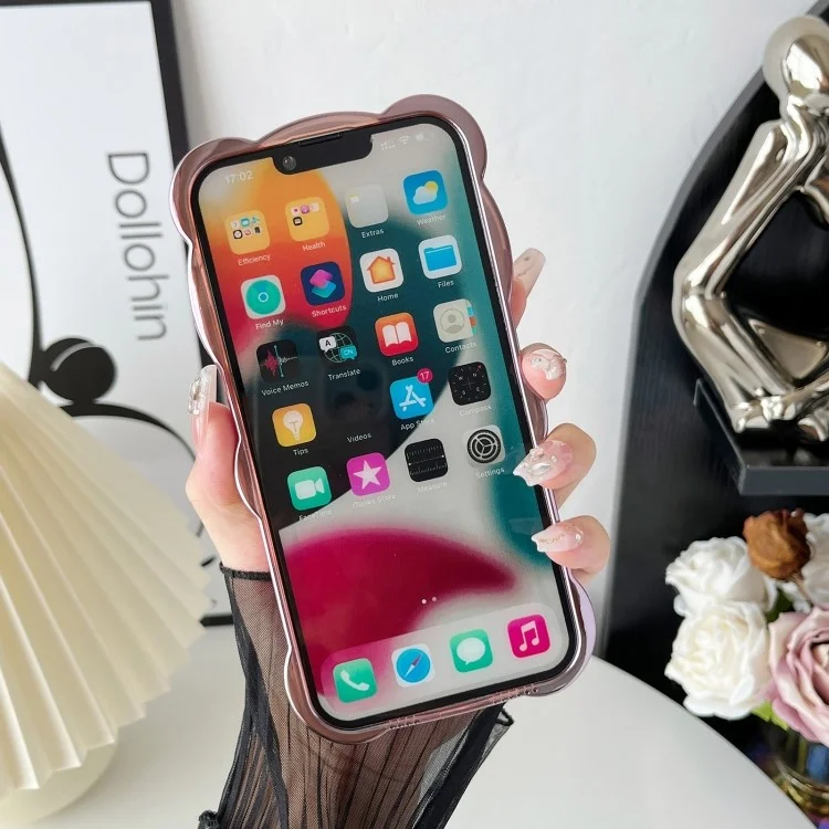 Para iPhone 15 Pro Capa de Telefone TPU Eletroplatada 3D Bear Capa Brilhante - Rose Gold