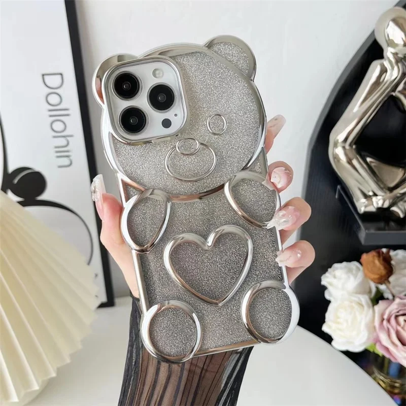 For iPhone 15 Pro TPU Phone Case Electroplated 3D Bear Shiny Cover - Silver