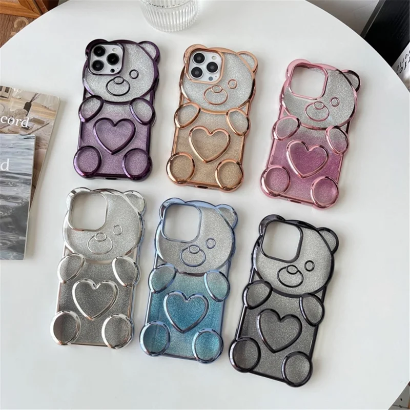 For iPhone 15 Pro TPU Phone Case Electroplated 3D Bear Shiny Cover - Silver