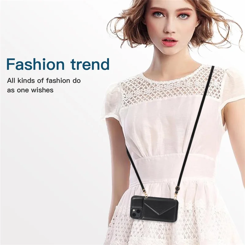 For iPhone 13 6.1 inch Cell Phone Case Card Bag Design PU+TPU Cover with Shoulder Strap - Black